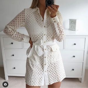 Zara Womens Openwork Embroidery Short Dress, Sz L, Ivory